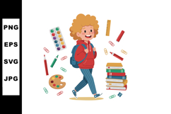 Happy schoolboy walking with backpack surrounded by colorful Product Image 1