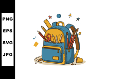 Blue and yellow school backpack filled with pencils scissors Product Image 1