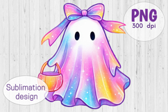 Pastel Iridescent Ghost with Bow PNG - Halloween Sublimation Product Image 1