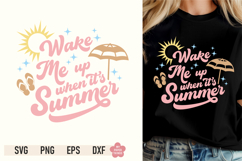 Model wearing a black t-shirt printed with a retro pastel graphic reading "Wake Me up When its Summer"