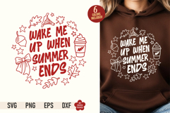 Wake Me Up When Summer Ends SVG PNG design with fall doodle line art displayed on a brown hoodie mockup