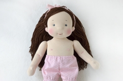 Clothes set for 15 inch (36 cm) Waldorf doll, including printable PDF sewing patterns and step-by-step tutorials for creating handmade doll outfits, perfect for DIY sewing projects and handmade gifts.