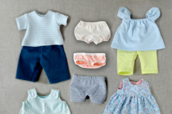 Clothes set for 11 inch (28 cm) Waldorf doll, including printable PDF sewing patterns and step-by-step tutorials for creating handmade doll outfits, perfect for DIY sewing projects and gifts.