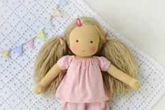 Clothes set for 13 inch (33 cm) Waldorf doll, including printable PDF sewing patterns and step-by-step tutorials for creating handmade doll outfits, perfect for DIY sewing projects and gifts.
