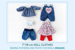 Clothes set for 7 inch (18 cm) Waldorf doll, including printable PDF sewing patterns and step-by-step tutorials for creating handmade doll outfits, perfect for DIY sewing projects and gifts.