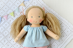 Clothes set for 11 inch (28 cm) Waldorf doll, including printable PDF sewing patterns and step-by-step tutorials for creating handmade doll outfits, perfect for DIY sewing projects and gifts.