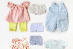 Clothes set for 13 inch (33 cm) Waldorf doll, including printable PDF sewing patterns and step-by-step tutorials for creating handmade doll outfits, perfect for DIY sewing projects and gifts.