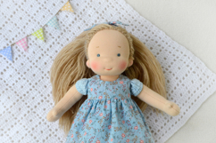 Clothes set for 11 inch (28 cm) Waldorf doll, including printable PDF sewing patterns and step-by-step tutorials for creating handmade doll outfits, perfect for DIY sewing projects and gifts.