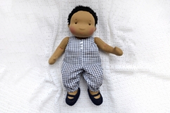 DIY romper for 14-15 inch (36-38 cm) Waldorf doll, including printable PDF sewing pattern and step-by-step tutorial for creating handmade doll outfits, perfect for DIY sewing projects and gifts.