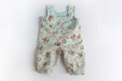 DIY romper for 14-15 inch (36-38 cm) Waldorf doll, including printable PDF sewing pattern and step-by-step tutorial for creating handmade doll outfits, perfect for DIY sewing projects and gifts.