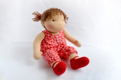 DIY romper for 14-15 inch (36-38 cm) Waldorf doll, including printable PDF sewing pattern and step-by-step tutorial for creating handmade doll outfits, perfect for DIY sewing projects and gifts.