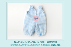 DIY romper for 14-15 inch (36-38 cm) Waldorf doll, including printable PDF sewing pattern and step-by-step tutorial for creating handmade doll outfits, perfect for DIY sewing projects and gifts.