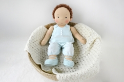DIY romper for 14-15 inch (36-38 cm) Waldorf doll, including printable PDF sewing pattern and step-by-step tutorial for creating handmade doll outfits, perfect for DIY sewing projects and gifts.