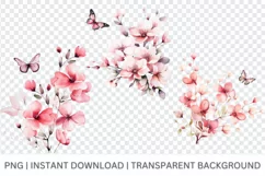 Pink flower clipart, Watercolor butterfly Garden clipart Product Image 4