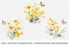 Yellow flower clipart, Watercolor butterfly Garden clipart Product Image 4