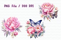 Peonies Butterfly Watercolor Sublimation Clipart Product Image 2