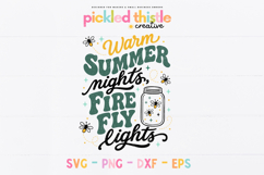 Retro-style summer SVG design featuring the phrase “Warm Summer Nights Fire Fly Lights” with fireflies and a mason jar illustration, shown in soft green, yellow, and black tones on a white background.