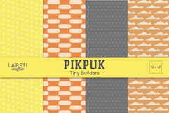 Cute yellow, orange, and gray digital paper pack featuring polka dots, clouds, and geometric patterns in warm tones.