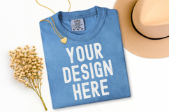 Comfort Colors C1717 Washed Denim Shirt Mockup, Flat Lay Product Image 1
