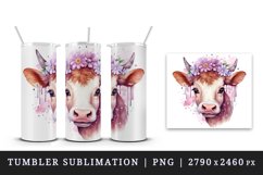 Watercolor adorable beautiful cow floral pink flowers farm animal sparkle print 20 oz tumbler skinny mug wrap clipart t-shirt sublimation printable design