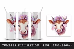 Watercolor adorable beautiful cow floral pink flowers farm animal sparkle print 20 oz tumbler skinny mug wrap clipart t-shirt sublimation printable design
