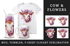 Watercolor adorable beautiful cow floral pink flowers farm animal sparkle print 20 oz tumbler skinny mug wrap clipart t-shirt sublimation printable design