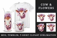 Watercolor adorable beautiful cow floral pink flowers farm animal sparkle print 20 oz tumbler skinny mug wrap clipart t-shirt sublimation printable design