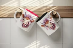 Watercolor adorable beautiful cow floral pink flowers farm animal sparkle print 20 oz tumbler skinny mug wrap clipart t-shirt sublimation printable design