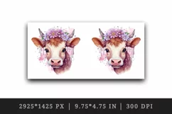 Watercolor adorable beautiful cow floral pink flowers farm animal sparkle print 20 oz tumbler skinny mug wrap clipart t-shirt sublimation printable design
