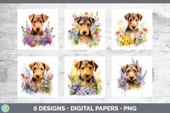 Bundle of six Wild Flowers Airedale Terriers Paper Backgrounds designs.