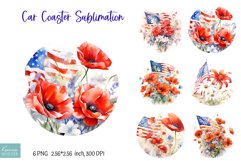 watercolor american patriotic flag with poppies car coaster sublimation designs