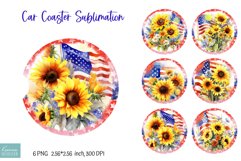 watercolor american patriotic flag with sunflower car coaster sublimation designs