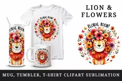 Watercolor amused lion flowers butterflies petals Floral Roar quote print 20 oz tumbler skinny mug wrap clipart t-shirt sublimation printable design