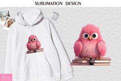 Pink Fluffy Owl with Books| Watercolor Sublimation Design Product Image 1