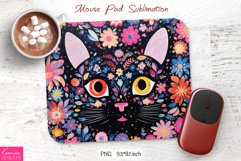 Cartoon Black Cat Head with Little Flowers| Mouse Pad Design Product Image 1