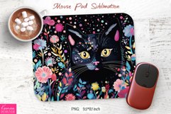 Black Cat Head with Wild Flowers|Folk Art Mouse Pad Design Product Image 1