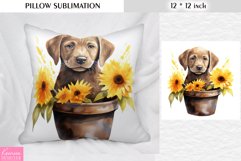 Watercolor Brown Puppy in the Clay Pot|Yellow Flower Pillow Product Image 1