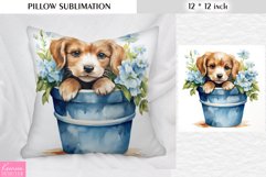 Puppy in the Blue Clay Pot | Animal Pillow Sublimation Product Image 1