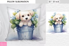 White Little Dog in the Bucket| Blue Pillow Sublimation Product Image 1