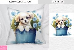 White Little Dog in the Bucket| Blue Pillow Sublimation Product Image 1
