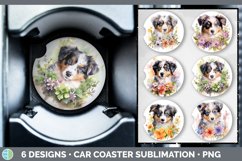 Bundle of six Wild Flowers Australian Shepherds Car Coaster designs.