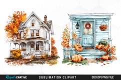 Watercolor Autumn House Porch Clipart Product Image 1