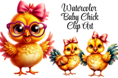 Watercolor Chick Clipart with Bows PNG Product Image 1