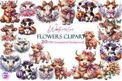 Watercolor Baby cute Cow with Flowers Clipart. Frends Product Image 1