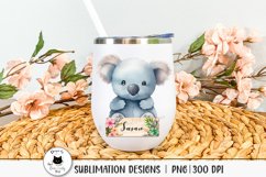 watercolor baby koala png design with a name tag shown on a tumbler