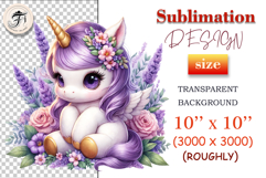 Adorable pastel unicorn with gold horn and flower bouquet – high-quality sublimation clipart perfect for printing on baby clothes, birthday items, pillows, and gifts.