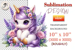 Adorable pastel unicorn with gold horn and flower bouquet – high-quality sublimation clipart perfect for printing on baby clothes, birthday items, pillows, and gifts.