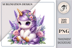 Adorable pastel unicorn with gold horn and flower bouquet – high-quality sublimation clipart perfect for printing on baby clothes, birthday items, pillows, and gifts.
