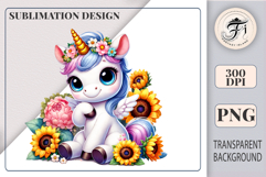 Adorable watercolor baby unicorn with flower crown — perfect PNG clipart for kids sublimation printing on t-shirts, mugs, and birthday crafts.