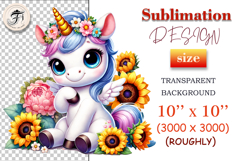 Adorable watercolor baby unicorn with flower crown — perfect PNG clipart for kids sublimation printing on t-shirts, mugs, and birthday crafts.